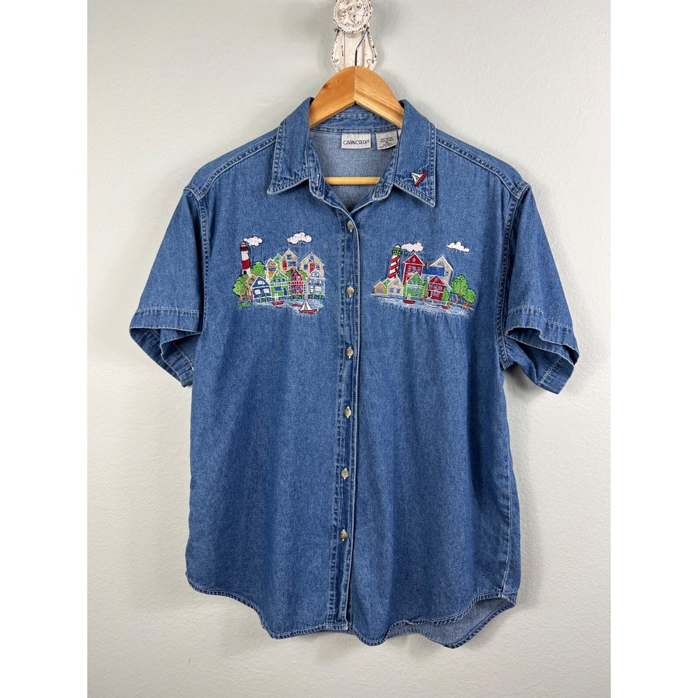 Vtg Cabin Creek Denim‎ Button Up Shirt Sz PL Embroidered Coastal Village